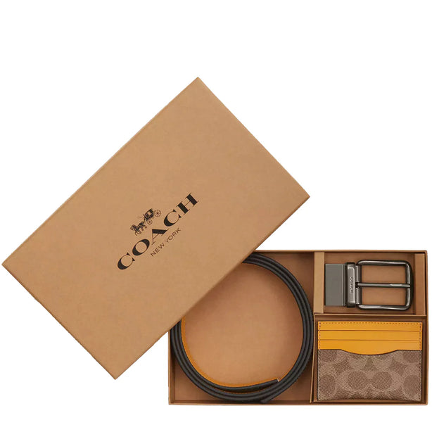 Coach Boxed Card Case And Belt Set In Signature Canvas - Tan/ Buttercup CW351
