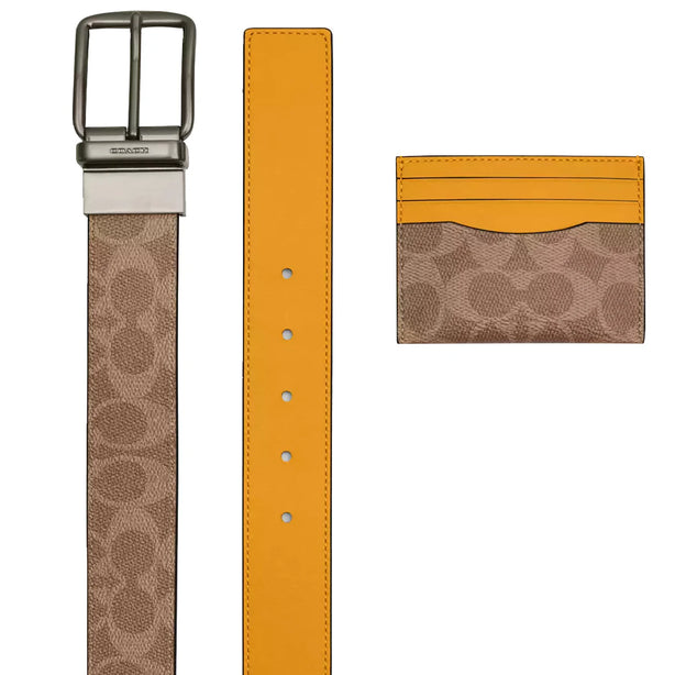 Coach Boxed Card Case And Belt Set In Signature Canvas - Tan/ Buttercup CW351