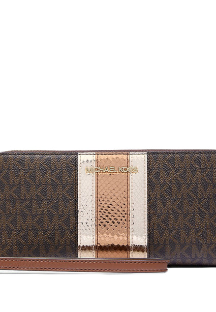 Michael Kors Jet Set Travel Large Signature Logo and Metallic Continental Wallet - Brown