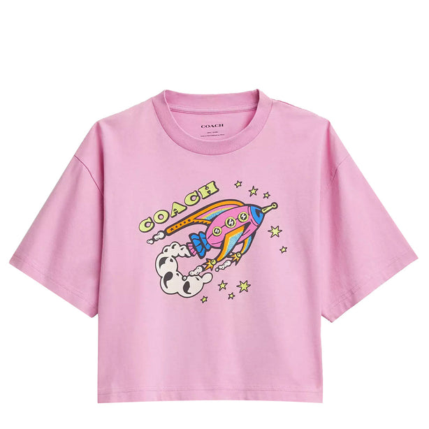 Coach Cosmic Coach Rocket Print Cropped T Shirt In Organic Cotton in Hot Pink CX185