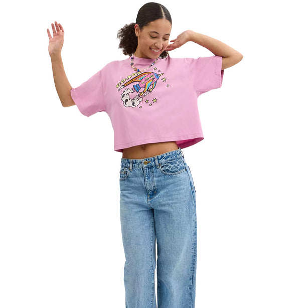 Coach Cosmic Coach Rocket Print Cropped T Shirt In Organic Cotton in Hot Pink CX185