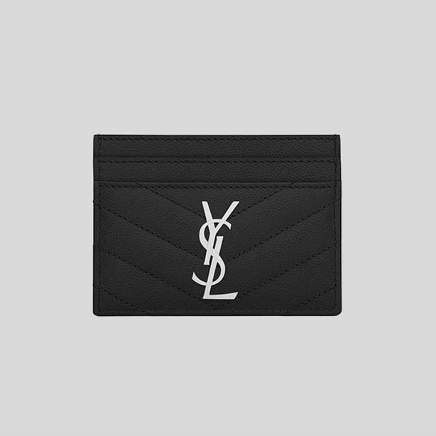 SAINT LAURENT YSL Cassandre Matelasse Card Case In Grain De Poudre Embossed Leather Black/Silver RB-423291