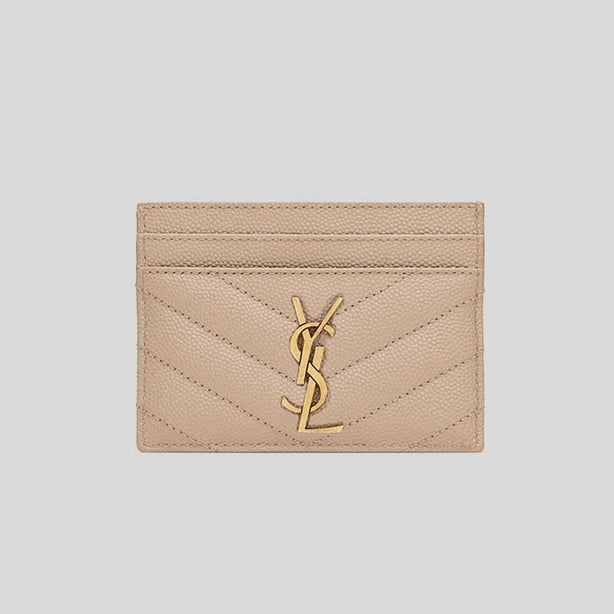 SAINT LAURENT YSL Cassandre Matelasse Card Case In Grain De Poudre Embossed Leather Dark Beige RB-423291