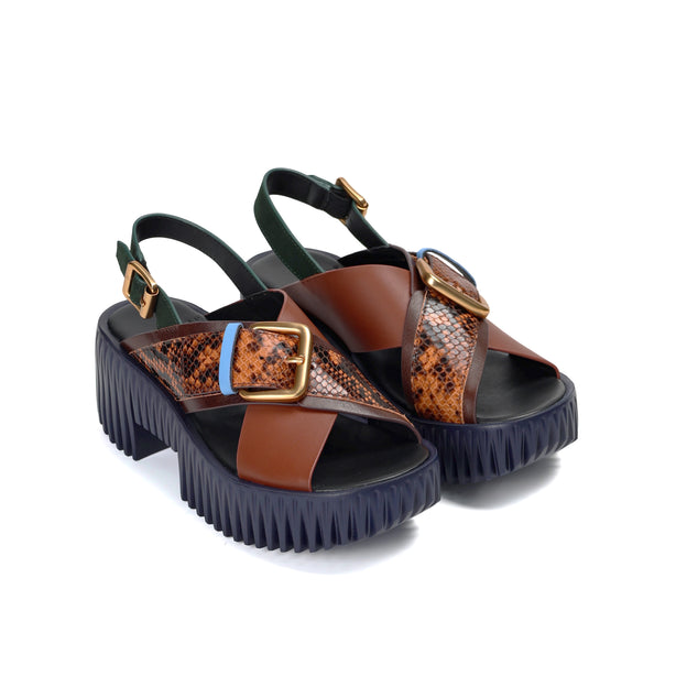 4CCCCEES Plia Juno Dandelion-Carved Ultra-Comfy Wide Cross-Strap Sandals with Bold Metallic Buckles in Luxe Coffee Nappa and Embossed Leather 4CS107003