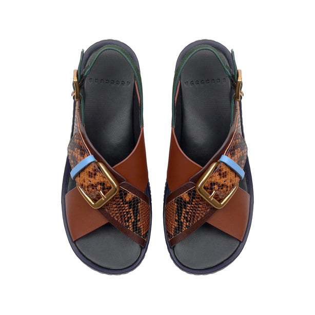 4CCCCEES Plia Juno Dandelion-Carved Ultra-Comfy Wide Cross-Strap Sandals with Bold Metallic Buckles in Luxe Coffee Nappa and Embossed Leather 4CS107003