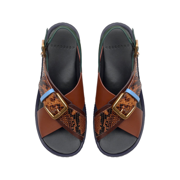 4CCCCEES Plia Juno Dandelion-Carved Ultra-Comfy Wide Cross-Strap Sandals with Bold Metallic Buckles in Luxe Coffee Nappa and Embossed Leather 4CS107003