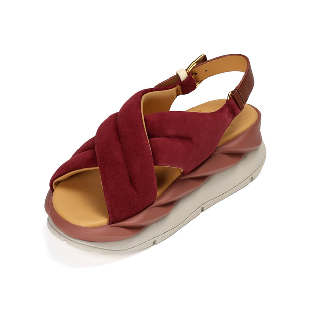 4CCCCEES Mellow Moa Petal-Twist Ultra-Comfy Cross-Strap Sandals with Contrasting Metal Buckle in Luxe Rose Kid Suede 4CS113002