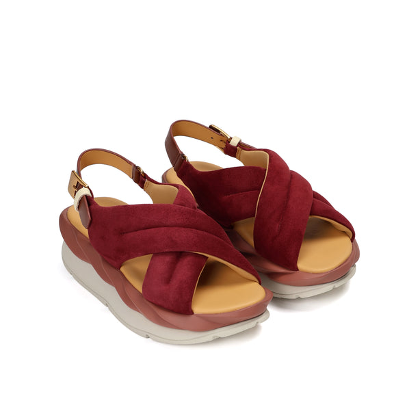 4CCCCEES Mellow Moa Petal-Twist Ultra-Comfy Cross-Strap Sandals with Contrasting Metal Buckle in Luxe Rose Kid Suede 4CS113002