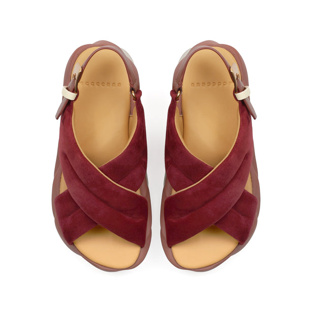 4CCCCEES Mellow Moa Petal-Twist Ultra-Comfy Cross-Strap Sandals with Contrasting Metal Buckle in Luxe Rose Kid Suede 4CS113002