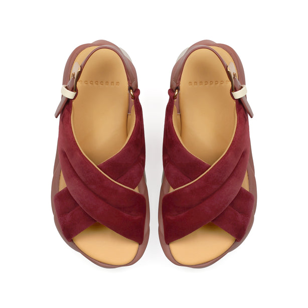 4CCCCEES Mellow Moa Petal-Twist Ultra-Comfy Cross-Strap Sandals with Contrasting Metal Buckle in Luxe Rose Kid Suede 4CS113002