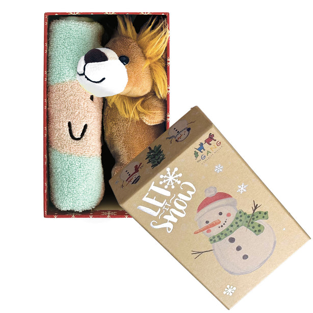 The Gang Triad Jacquard Series Premium Bath Linen X'mas Gift Set, Junior Hand Towel With Lion Plush