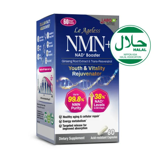 LABO Nutrition Le Ageless NMN+ 600mg with NAD+ Boosters Ginseng Extract & Trans-Resveratrol Supplement - Youth & Vitality Rejuvenator for Cellular Repair Anti Aging Heart Health Energy Metabolism Brain & Memory Antioxidants Sleep Quality • Halal • 6