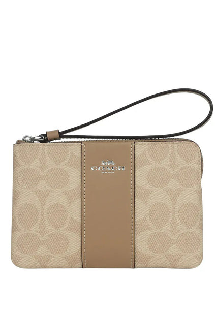Coach Corner Zip Wristlet In Signature Canvas With Stripe - Sand Taupe