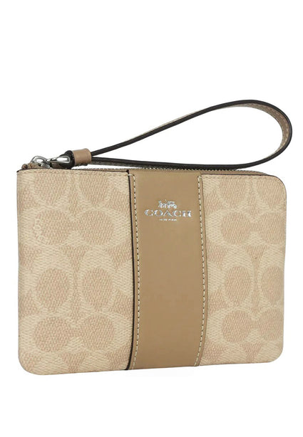 Coach Corner Zip Wristlet In Signature Canvas With Stripe - Sand Taupe