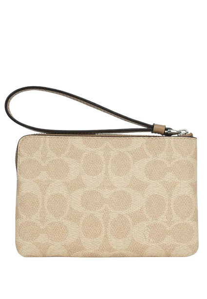 Coach Corner Zip Wristlet In Signature Canvas With Stripe - Sand Taupe