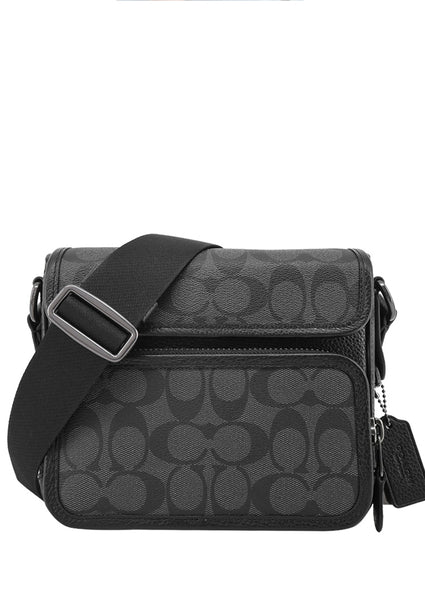 Coach Mens Sullivan Flap Crossbody Bag In Signature Canvas - Charcoal Black
