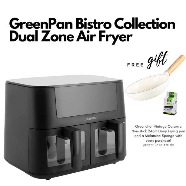 GreenPan Bistro Collection Dual Zone Airfryer + FREE 24cm Vintage Ceramic Non-stick Frypan & Cleaning Sponge