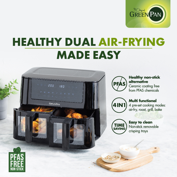 GreenPan Bistro Collection Dual Zone Airfryer + FREE 24cm Vintage Ceramic Non-stick Frypan & Cleaning Sponge
