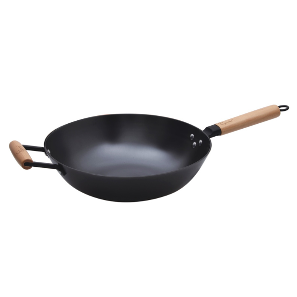 La gourmet Nitrigan 30cm Cast Iron Wok with Long Wooden Handle + Helper Handle (Induction)
