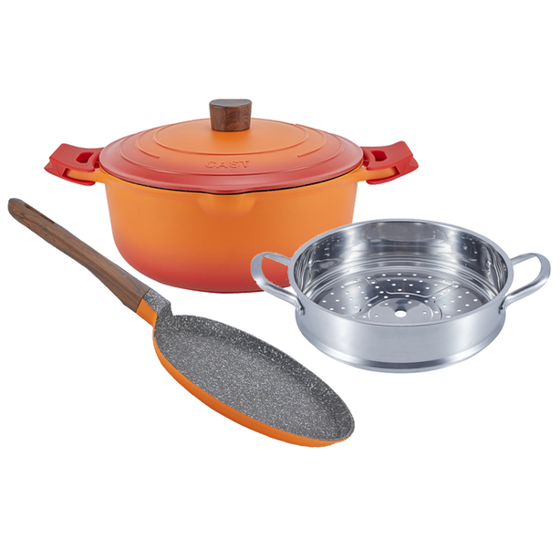 La Gourmet Shogun Flame 28cm Casserole + 28cm steamer insert + Lagourmet Shogun Flame 24cm Crepe pan