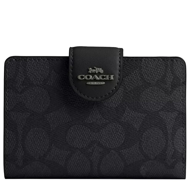 Coach Medium Corner Zip Wallet In Signature Canvas in Charcoal/ Black CW786
