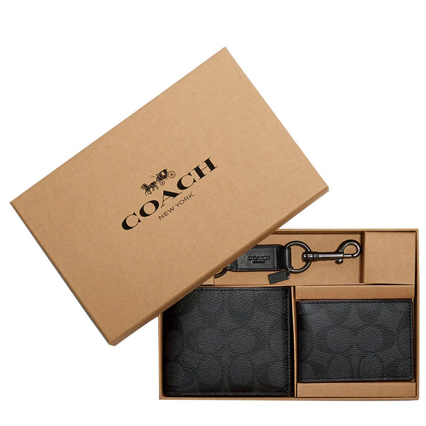 Coach Boxed 3 In 1 Wallet Gift Set In Signature Canvas in Charcoal/ Black CW344