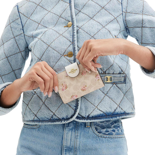 Coach Medium Corner Zip Wallet In Signature Canvas With Floral Print - Sand Multi CAR13