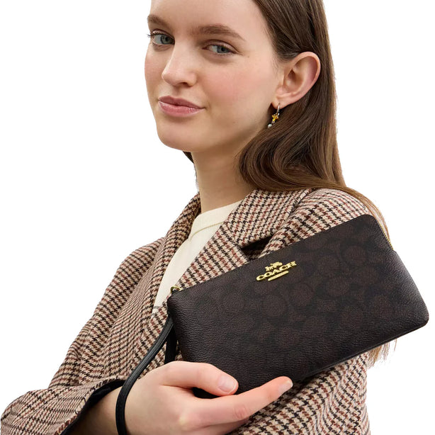Coach Large Corner Zip Wristlet In Signature Canvas - Walnut/ Black CZ277