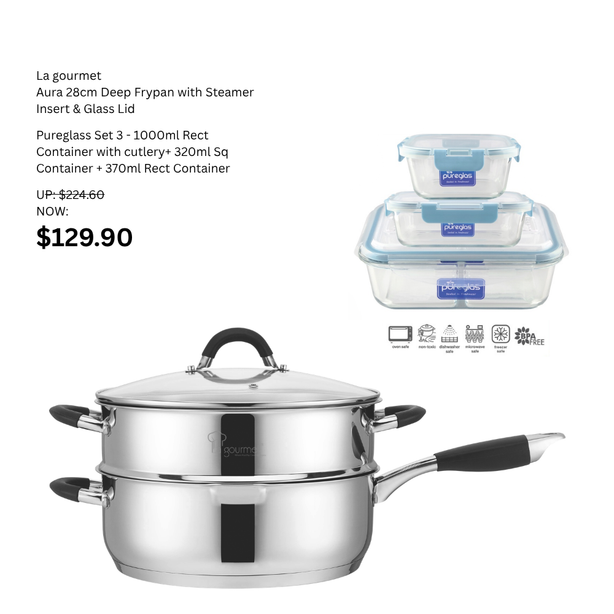 La Gourmet Aura 28cm Deep Frypan with Steamer Insert & Glass Lid +La gourmet Pureglass Set 3 - 1000ml Rect Container with cutlery+ 320ml Sq Container + 370ml Rect Container