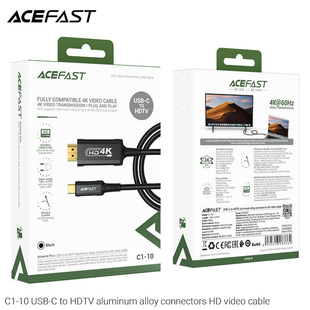 Acefast C1-10 USB-C to HDTV Aluminum Alloy Connectors HD Video Cable (1.8m) - Black