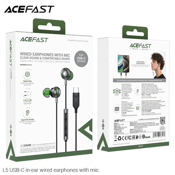 Acefast L5 USB-C In-Ear Wired Earphones with Mic - Black