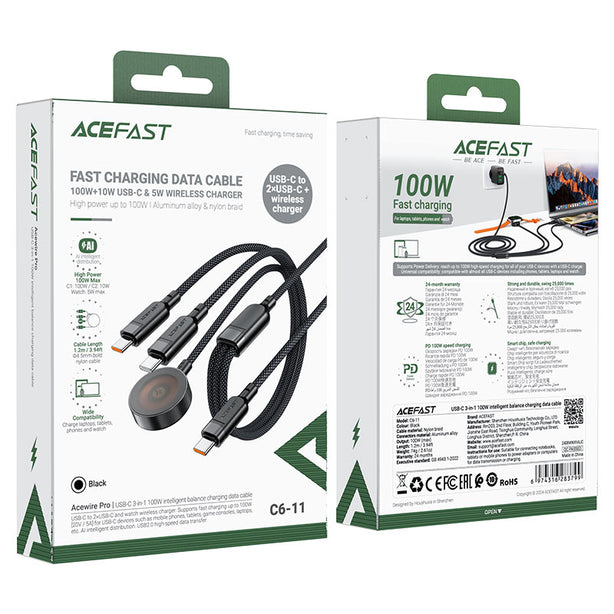 Acefast C6-11 USB-C 3-in-1 100W Intelligent Balance Charging Data Cable (0.8m + 0.4m) - Black