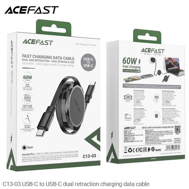 Acefast C13-03 USB-C to USB-C 60W Dual Retraction Charging Data Cable (0.8m) - Black