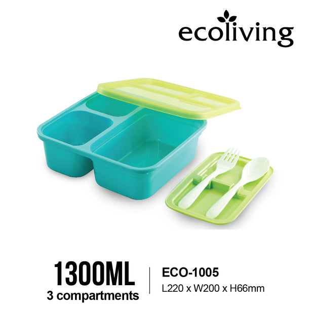 Eco-living 3-Compartment Colorful Bento w Fork & Spoon (1300ml) (Asst Colours)