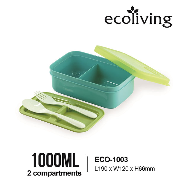Eco-living 2-Compartment Colorful Bento w Fork & Spoon (1000ml) (Asst Colours)