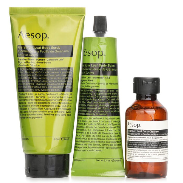 Rousing Rhythms Set: Geranium Leaf Body Cleanser 100ml+geranium Leaf Body Balm 100ml+geranium Leaf Body Scrub 180ml - 3pcs + bag