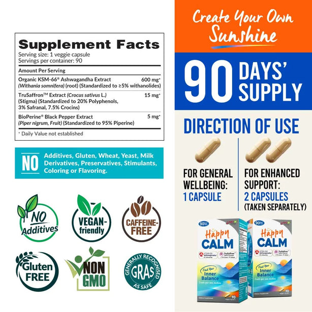 LABO Nutrition HappyCALM KSM66 Ashwagandha & Saffron Extract - Reduce Stress Relax Mood Calm Brain Restful Sleep