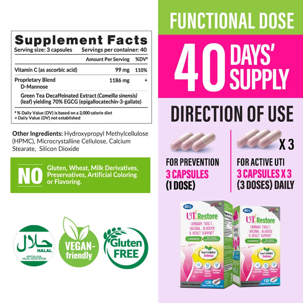 LABO Nutrition UTRestore Urinary Tract UTI Bladder Vaginal Health with D-Mannose & EGCG