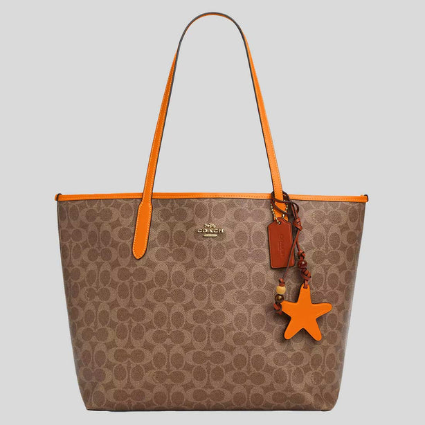 COACH City Tote Bag In Signature Canvas With Star Charm Tan/Bright Mandarin CBH77