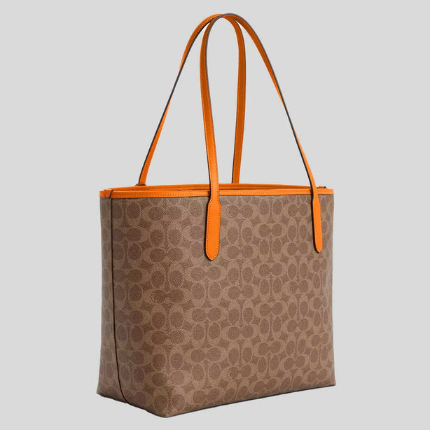 COACH City Tote Bag In Signature Canvas With Star Charm Tan/Bright Mandarin CBH77