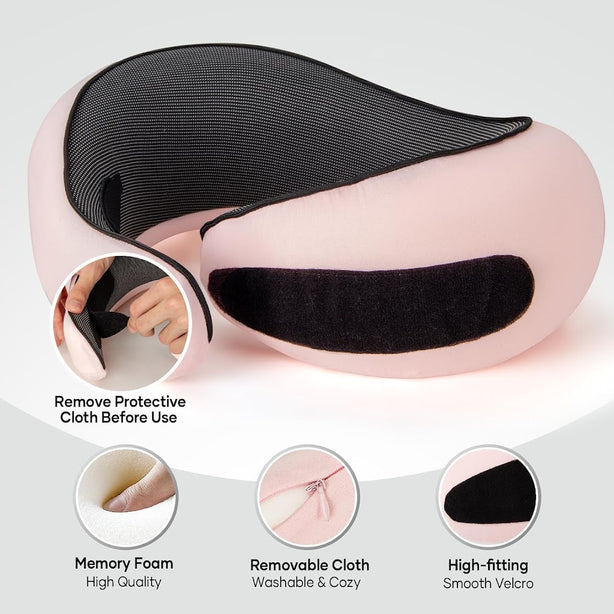 StitchesandTweed Memory Foam Travel Pillow, 360° Head Support Degree Comfort and Breathability - Pink