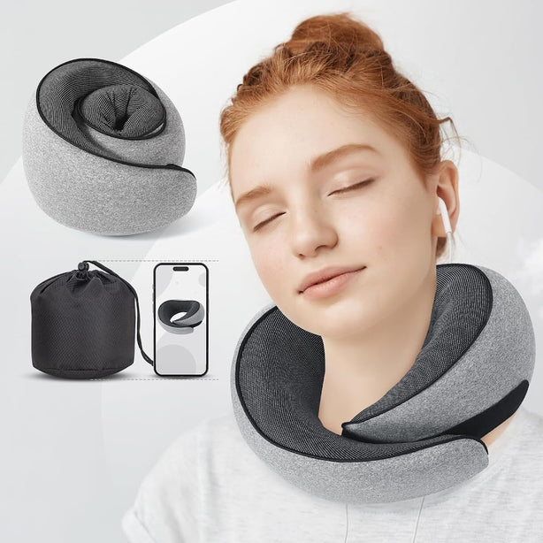 StitchesandTweed Memory Foam Travel Pillow, 360° Head Support Degree Comfort and Breathability - Grey