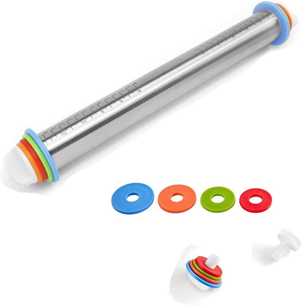 StitchesandTweed Adjustable Rolling Pin with Thickness Rings, Stainless Steel Dough Roller