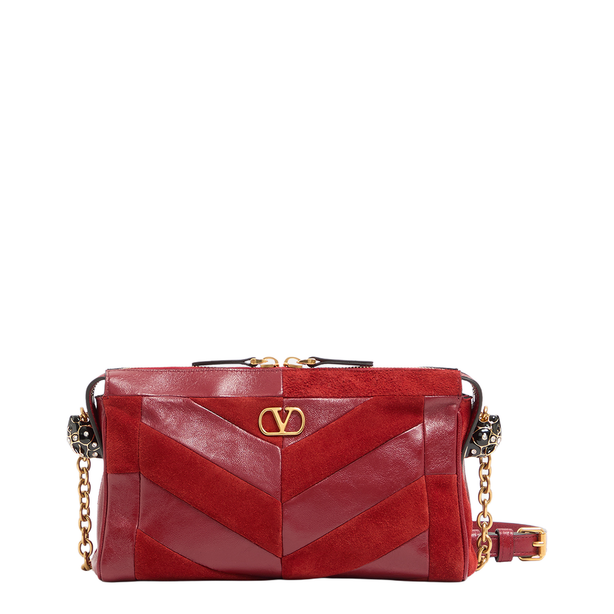 Panthea Small Suede Leather Patchwork Shoulder Bag - Red