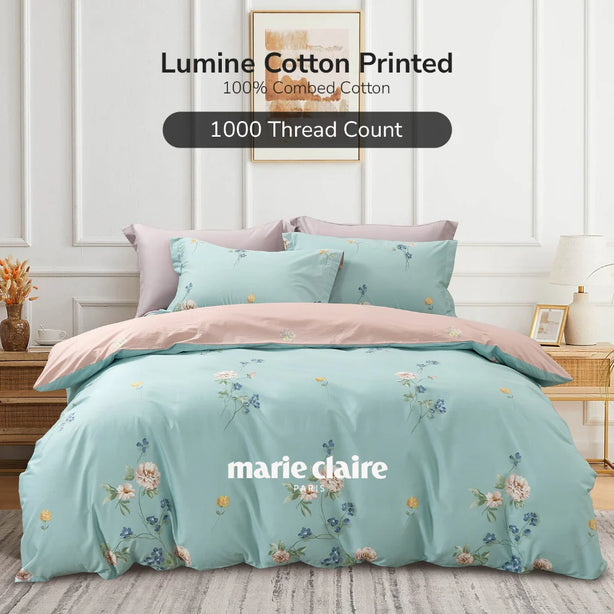 Marie Claire PWP October Campaign I Lumine Printed 100% Combed Cotton 1000TC Bed Set and 2 Glacier Pillows at $49