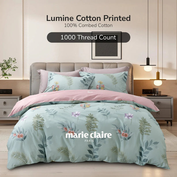Marie Claire PWP October Campaign I Lumine Printed 100% Combed Cotton 1000TC Bed Set and 2 Glacier Pillows at $49