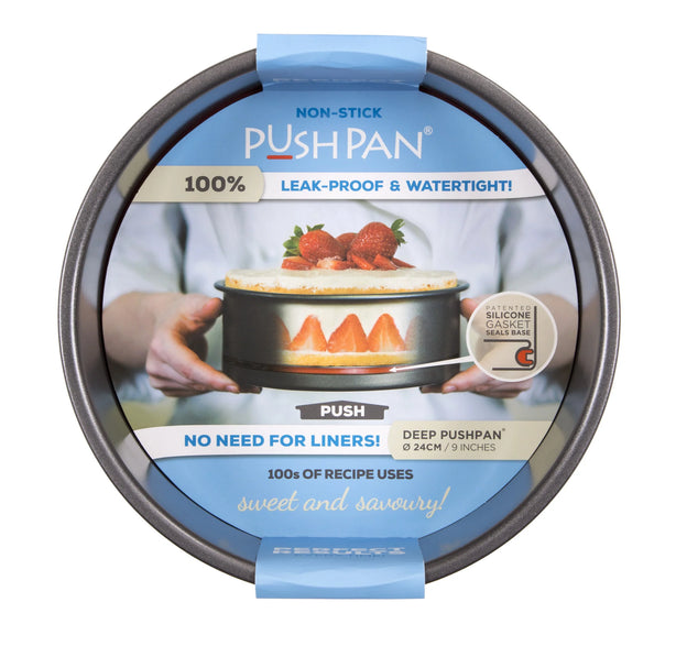 PushPan Deep Round Cake Pan - Non Stick Heavy Gauge Carbon Steel
