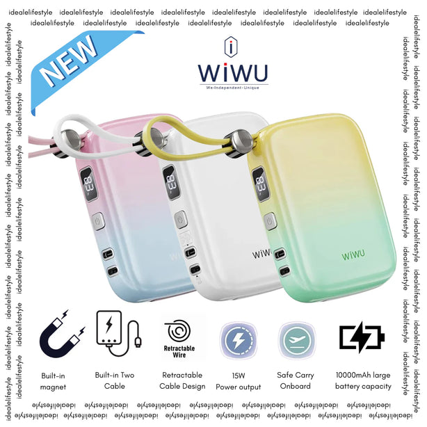 WIWU Monaco 10000mAh Power Bank with Built-in Cable, CCC Certified