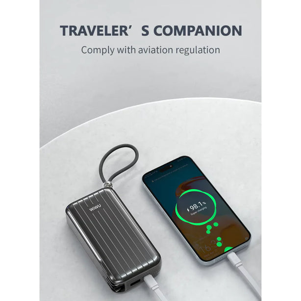 WiWU Trunk P030 10000mAh Power Bank Portable, Universal Plug, Built-in Cables, CCC Certified