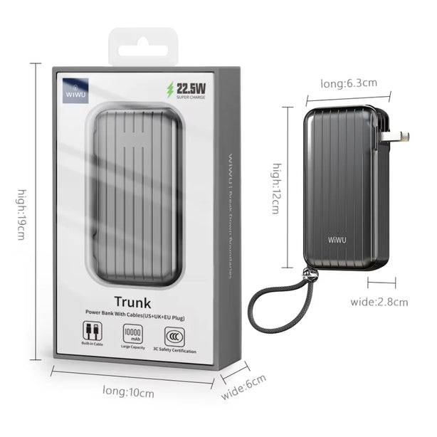 WiWU Trunk P030 10000mAh Power Bank Portable, Universal Plug, Built-in Cables, CCC Certified